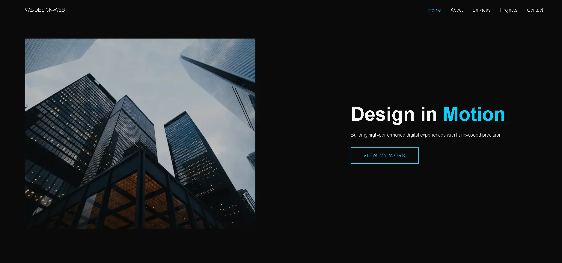 Looking up from bottom of skyscraper's image slides in on left of page and text slides in on right.